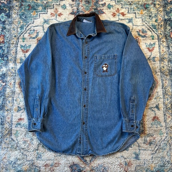 Vintage Looney Tunes Taz Denim Button-up Shirt Large - Picture 1 of 4